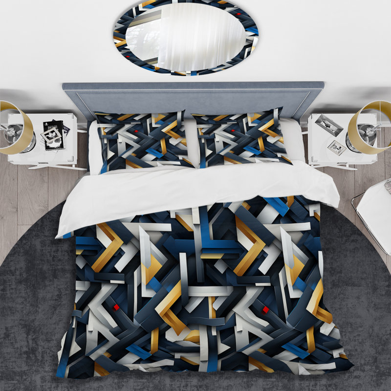Ensemble de housse de couette Blue Industrial Geometry Shape Melody, Housse de couette pour grand lit et 2 taies décor