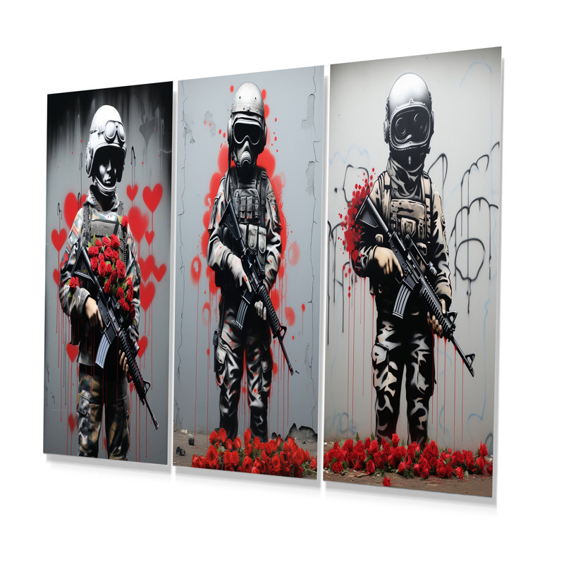 Street Art Soldier At War I - Pop Art, ensemble d'art mural en métal 3 pièces, H 28 po x l 36 po