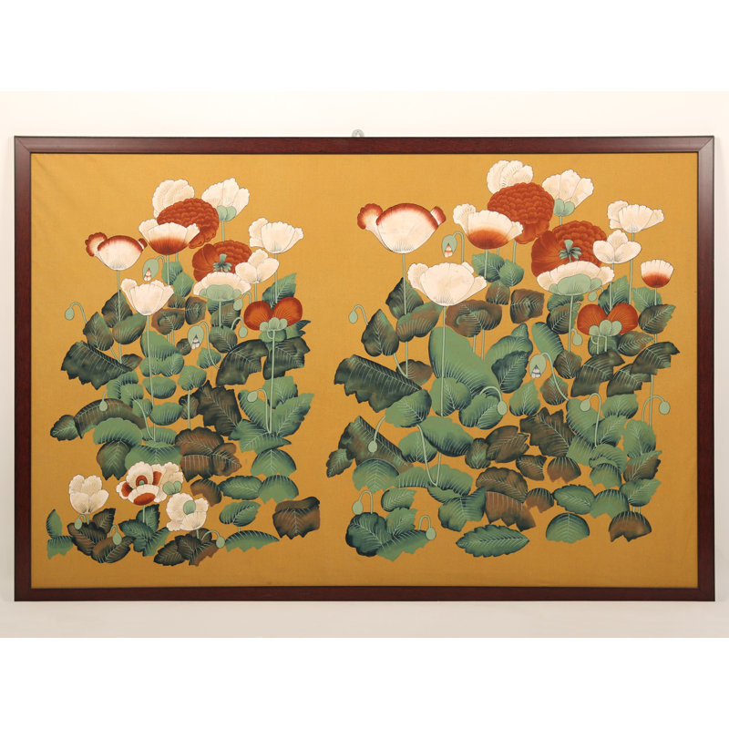 Peinture florale chinoise encadrée 31 "| Décoration murale | Aquarelle sur coton