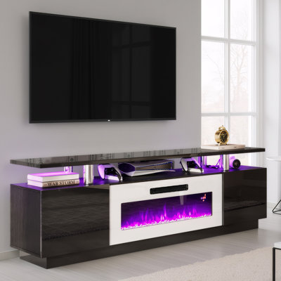 Meuble télé Bhhatu 70 po avec foyer électrique à 2 niveaux avec foyer électrique noir et blanc
