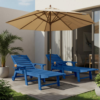 Outdoor HDPE Reclining Lounge Chaise With Wheels & Cup Holder