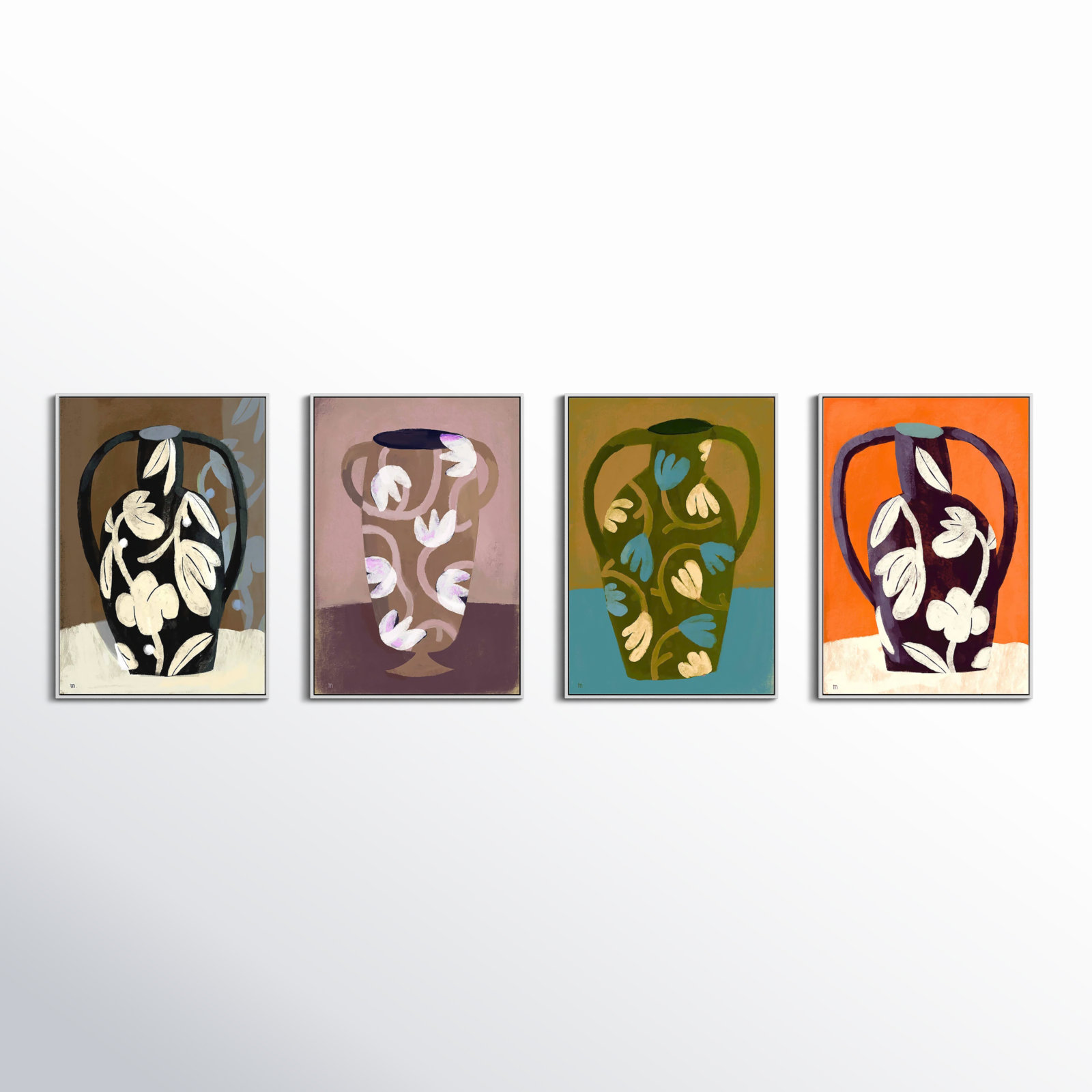 Vases 4-Piece Print Set by Marco Marella, Maple Framed Paper, 30" H x 21" W x 1.25" D