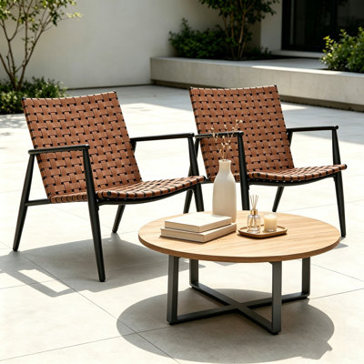 Set of 2 Outdoor Patio Armchairs, 350‑LBS Capacity Powder‑Coated Aluminum Frame Patio Chairs, Hand‑Woven Faux Leather Strap Weather‑Resistant Modern O