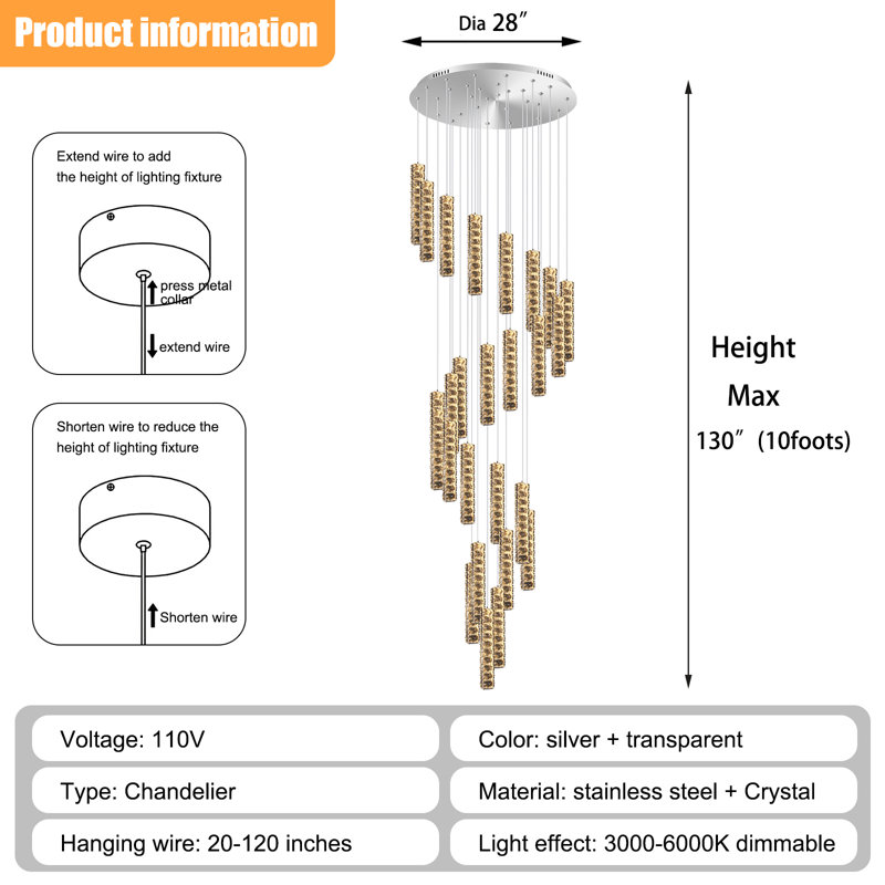 Balazs 12-Light Crystal Column Chandeliers 10ft Long Foyer Pendant Light Dimmable 3000-6000K LED