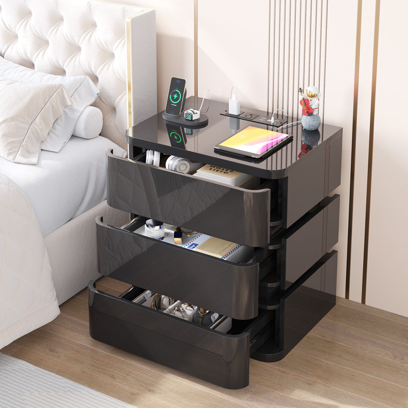 Fully Assembled 3-Drawer Nightstand with Charging Station and Motion Sensor RGB Light, Curved Profil, Black