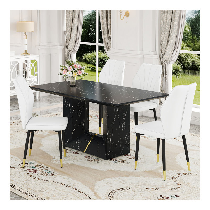 Ensemble de table et de chaises. Ensemble de salle à manger en panneau de fibres à densité moyenne à motif de marbre - 63 po x 35,4 po avec 4 chaises en polyuréthane avec un dossier élargi. Vous procure une sensation luxueuse.