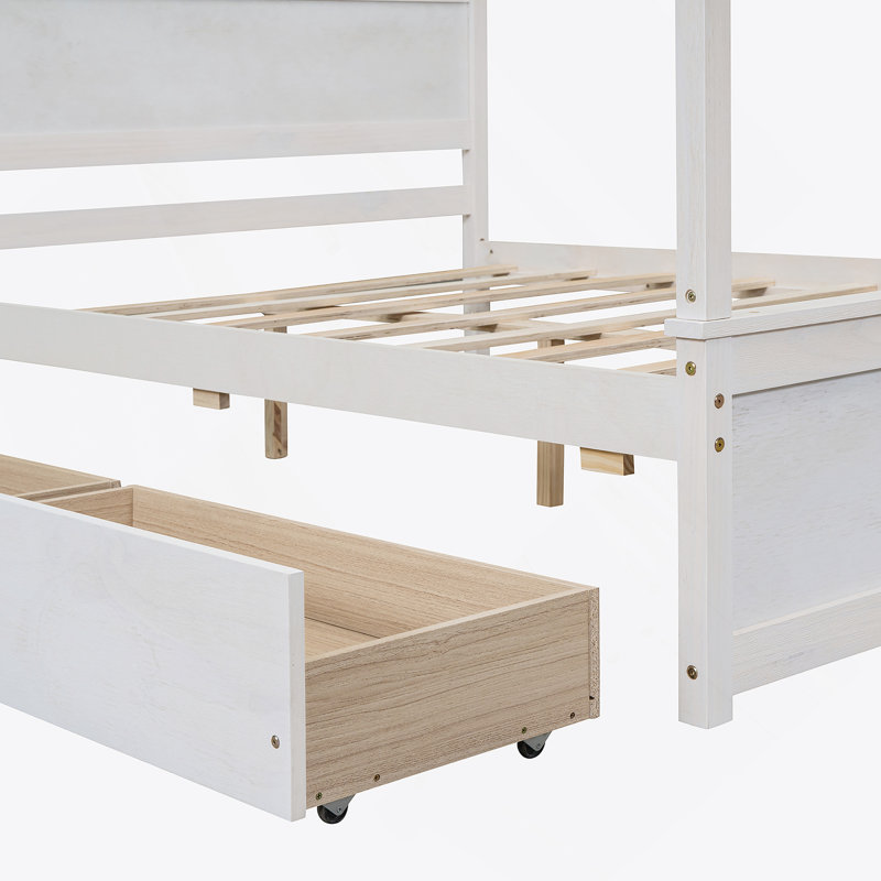 Wood Canopy Bed with Two Drawers, Full Size Canopy Platform Bed with Support Slats