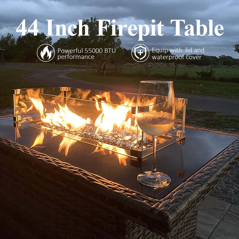  7 Piece Wicker Outdoor Furniture Set with 6-inch Comfy Cushions, High Back Patio Furniture Set with Swivel Rocking Chairs and Fire Pit Table
