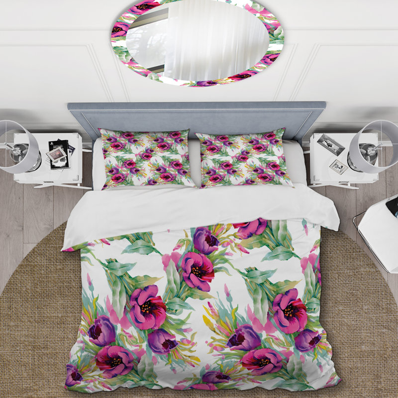 Ensemble de housse de couette à motif floral en microfibre et fleurs mauves, Housse de couette pour très grand lit et 2 très