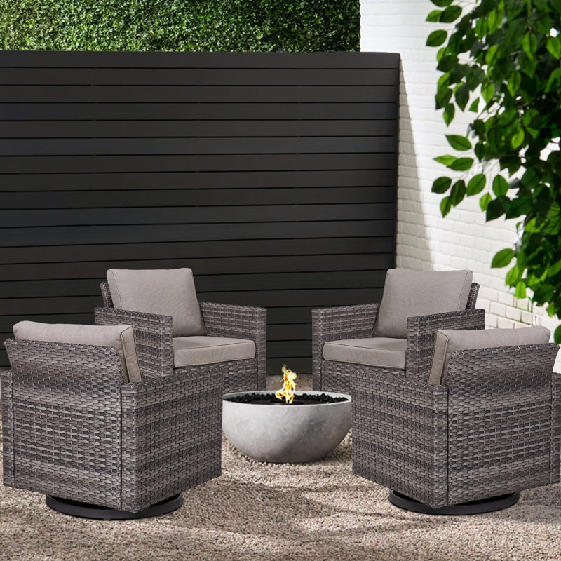 Chaises de patio berçantes pivotantes en osier avec coussins Ingvald (ensemble de 4), Gris, Gris