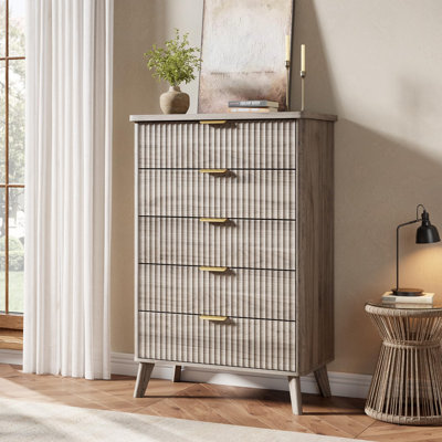 Modern Fluted 5-Drawer Wooden Dresser – 47.2" Tall – Curved Profile with Gold Handles, Storage Chest for Bedroom, Living Room, Kids Room, Hallway (Grey Walnut Finish)