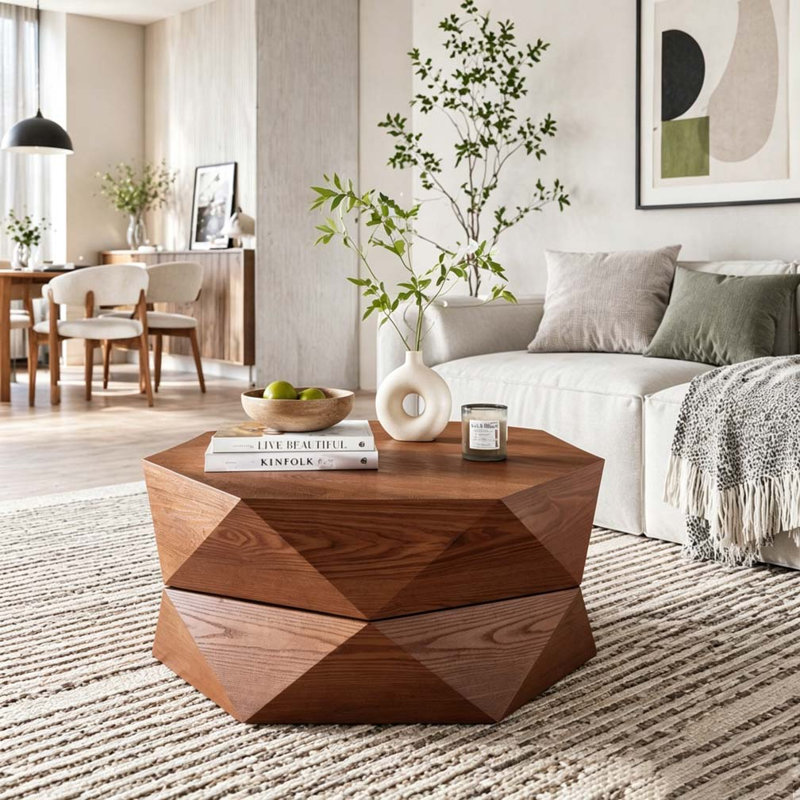 Table basse 36,61 po style rétro Polygon, table basse cylindrique en placage de bois massif, Reddish Brown