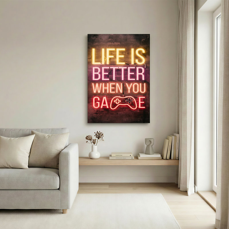 Neon Life Is Better When You Game Sign On Brick Wall Canvas Wall Art, 40"H x 28"W
