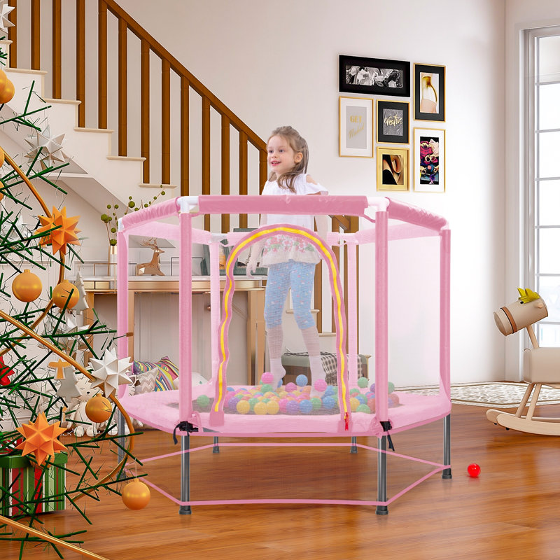 Trampoline avec filet de sécurité et balles, Rose