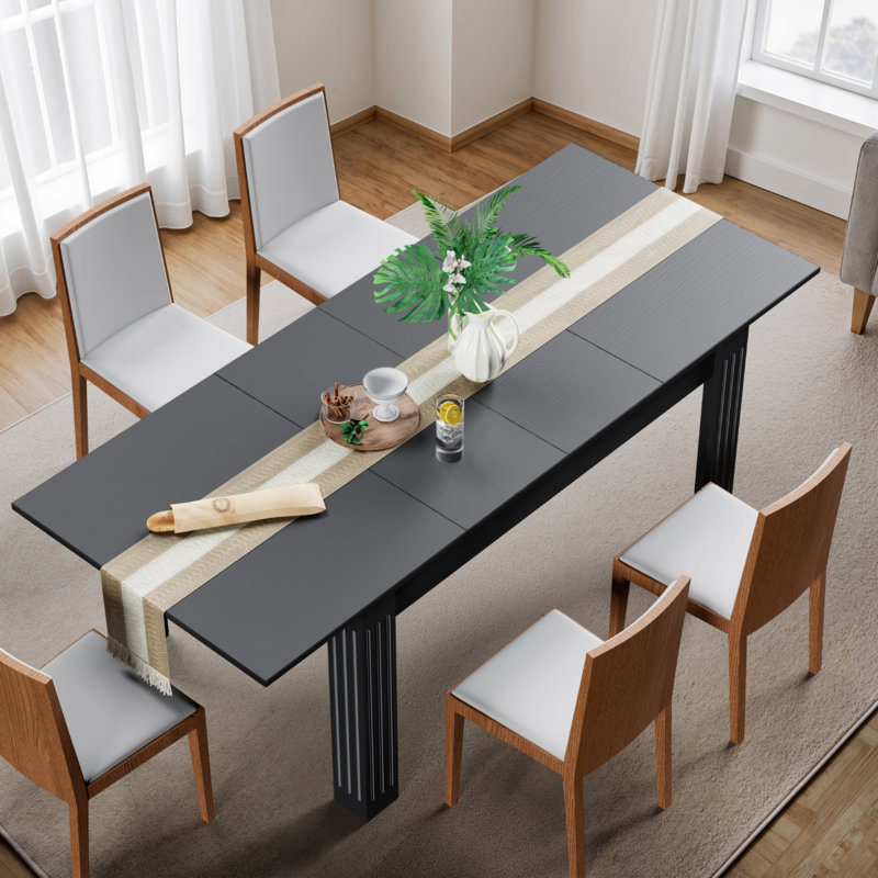 Table de salle à manger extensible 54-84 "pour 4 à 8 personnes, table de cuisine en bois, avec chemin de table - noir, Noir