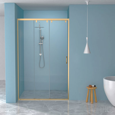 Porte de douche coulissante triple 48 po x H 76 po (8 mm) Verre transparent dans un cadre doré et acier inoxydable