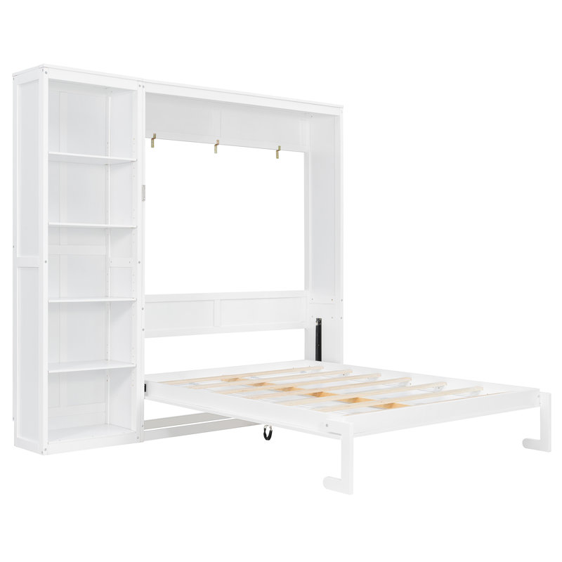 Grand lit escamotable mural avec tablettes intégrées - Lit escamotable mural blanc pour chambre à coucher, lit pliant multifonctionnel