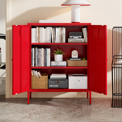 3 Tier Metal Accent Storage Cabinet for Home, Living Room, Office,Kitchen,Entryway,Hallway-Sideboard Buffet Cabient with 2 Adjustable Shelves-2 Door Locker Cabinet (red)