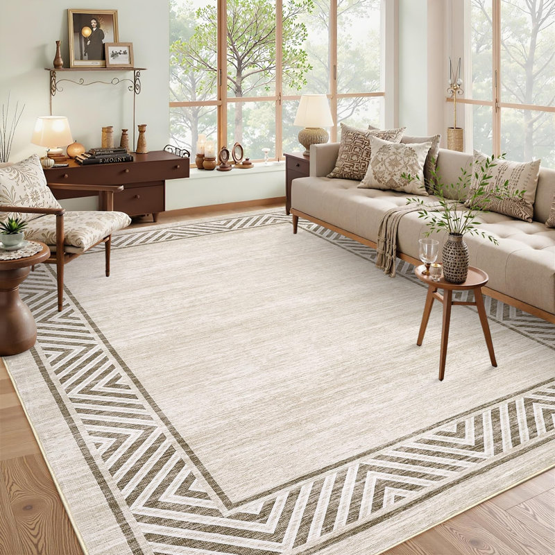 Machine Washable Modern Bordered Rug Non Slip Rug Contemporary Geometric Foldable Rugs for Living Room Bedroom Playroom Nursery Dorm