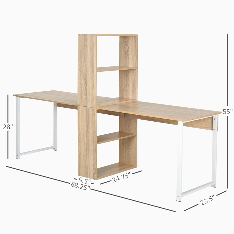 88" Extra Long 2-Person Computer Desk With Storage Shelves Combo, Double Workstation Storage Study Writing Table For Home Office, Bookshelf, Natural Wood