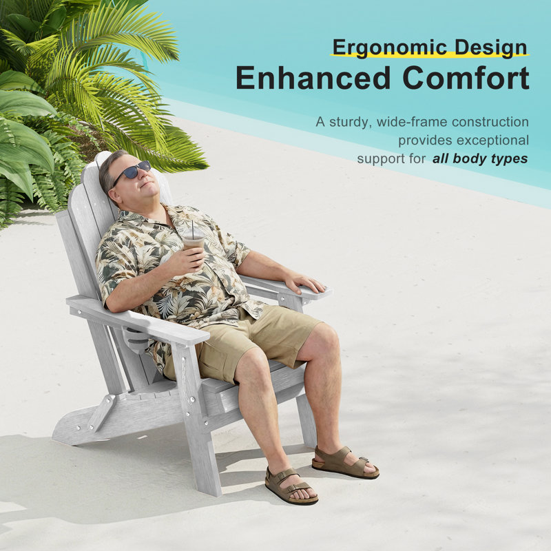 Classic Folding Adirondack Chair, HDPE Adirondack Chair with Ergonomic Design & Cup Holder for Patio and Fire Pit, White