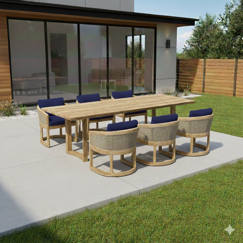 Catania Teak Wood Patio Dining Set with Rectangular Table , Sunbrella® Cushions Included, 6, Canvas Navy