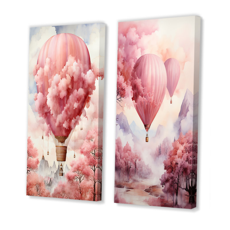 «Pink Whimsical Balloon Magic», ensemble d'art mural sur toile en montgolfière, Toile tendue, H 28 po x l 25 po