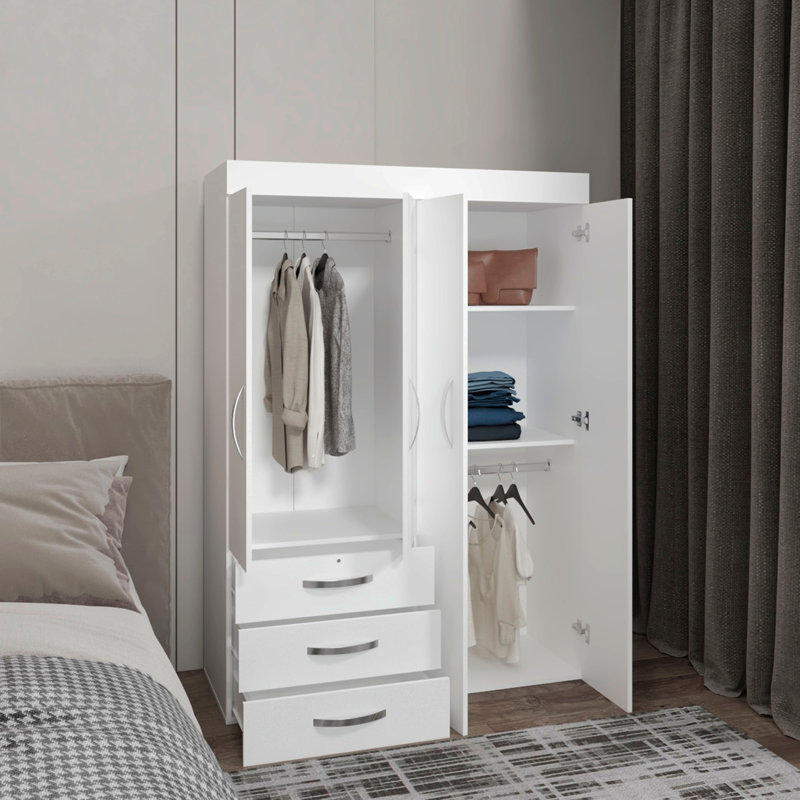 Denver Adjustable Armoire, Rods, Double Door Cabinet, Three Drawers, Two Shelves, White