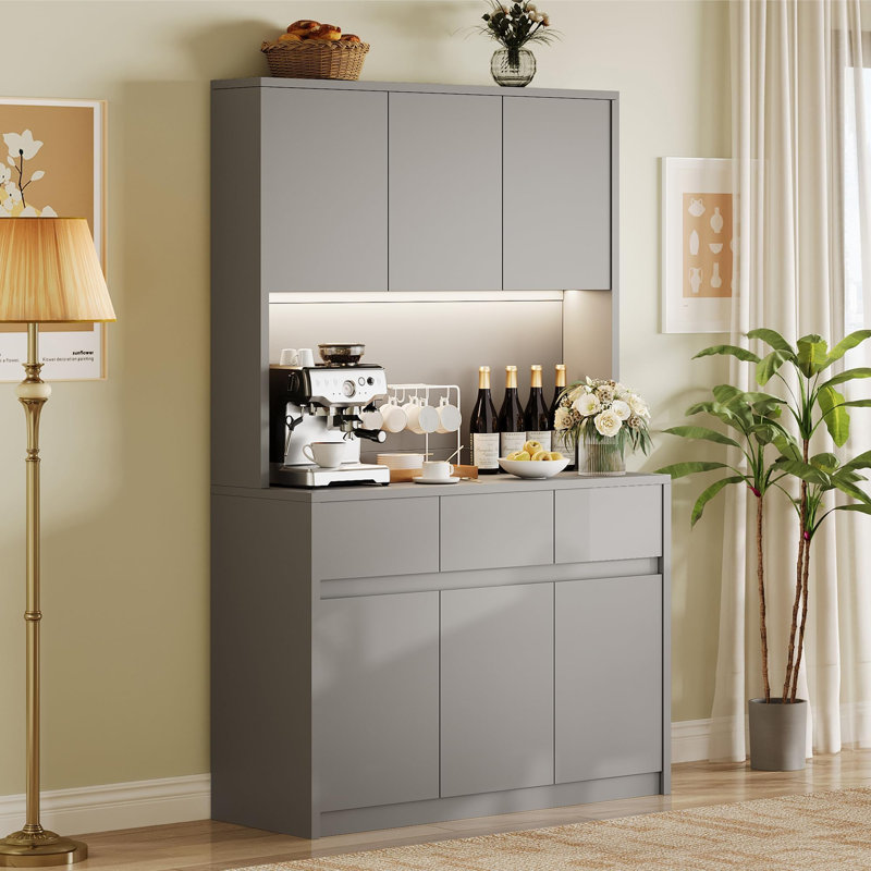 Garde-manger de 71 po de hauteur avec station de charge - Huche de rangement de cuisine blanche avec 6 portes, lumières DEL, 3 tiroirs et tablettes réglables pour la salle à manger, gris
