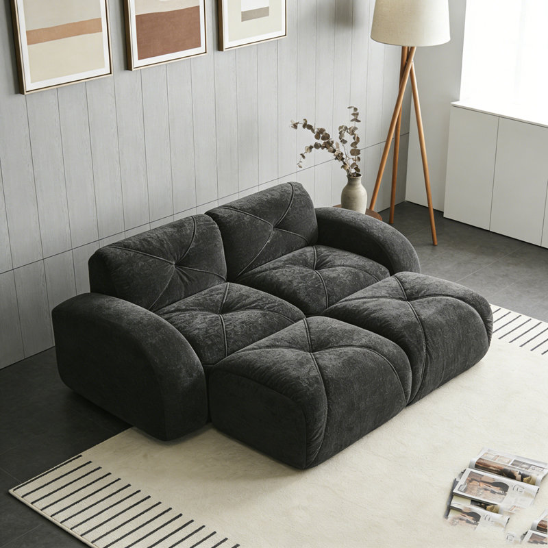 Velvet Fabric Sofa with Movable 2 Ottomans, Black