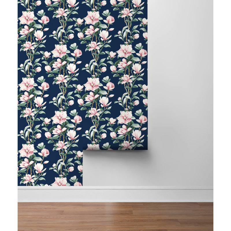 Rouleau de papier peint adhésif L 18 pi x l 20,5 po Magnolia Trail, Bleu marine / rosé