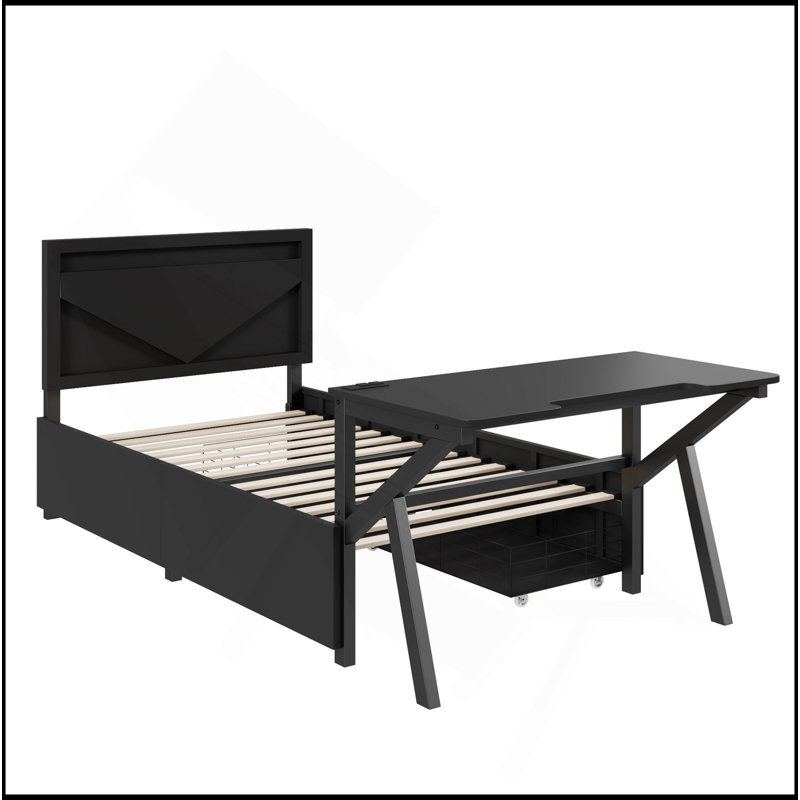 Lit plateforme en métal avec tête de lit à DEL, bureau à DEL, USB et deux tiroirs de rangement, noir, Lit simple