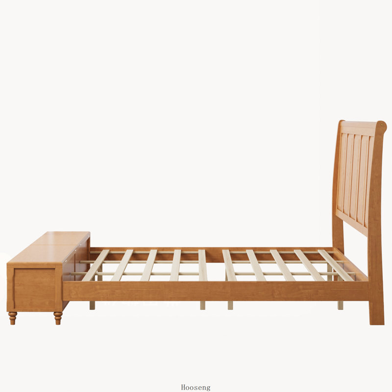 Grand lit-bateau en bois massif avec grande tête de lit et banc de rangement, naturel, Très grand lit