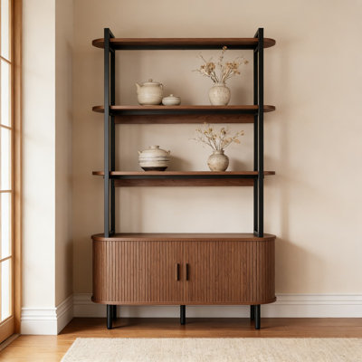 Mid-Century Modern 5-Tier Bookshelf With Sliding Door Cabinet, Freestanding Display Storage Unit For Living Room, Home Office, And Bedroom