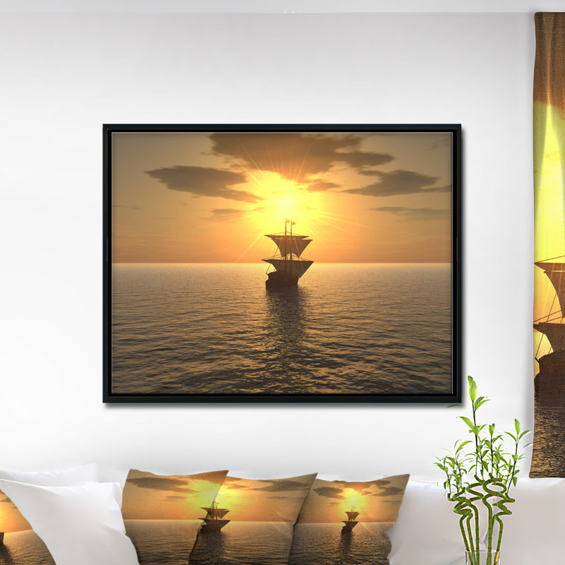 Photographie "navire et coucher de soleil" Seascape, H 30 po x l 40 po x P 1,5 po, Toile avec cadre flottant