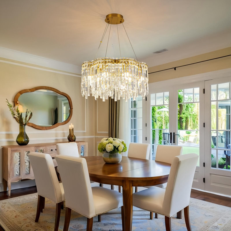 Lustre en cristal 6 lumières avec design en cascade, cadre en métal doré pour la salle à manger, la cuisine ou la chambre à coucher