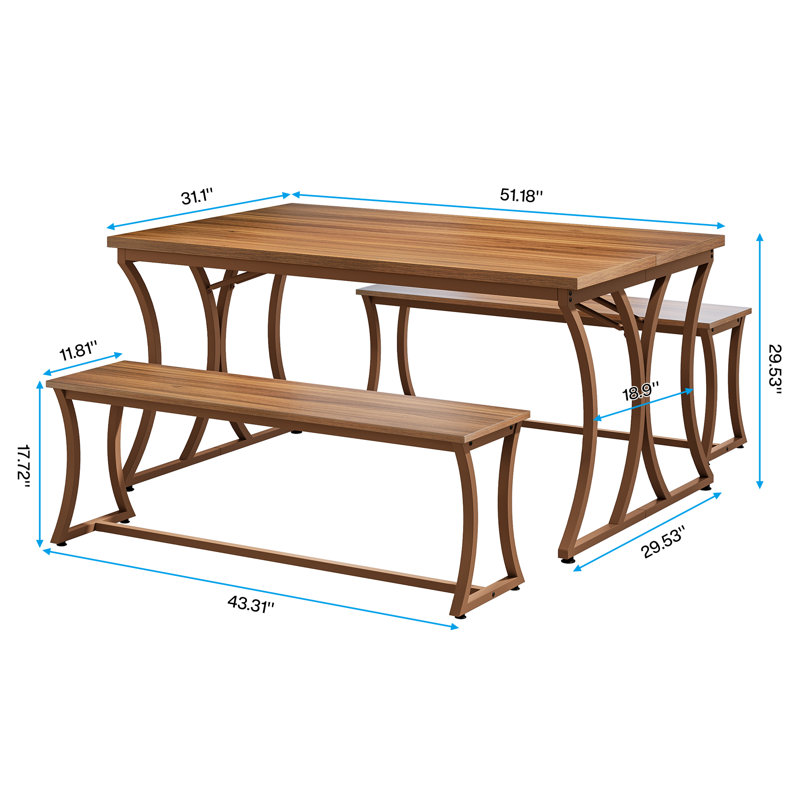 Pandeli 51-Inch Dining Table Set with 2 Benches and Table Runner for 4-6 People