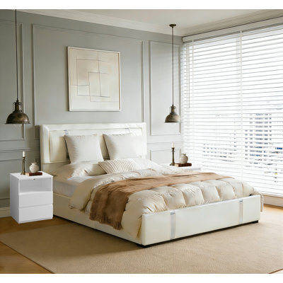 Ensemble de chambre à coucher 3 pièces en similicuir avec système de rangement hydraulique, lumières DEL et station de charge