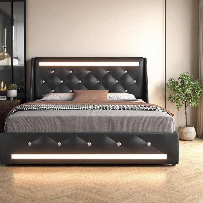 Élégant cadre de grand lit avec lumières DEL, ports de chargement USB et tête de lit à losanges - aucun sommier nécessaire, noir
