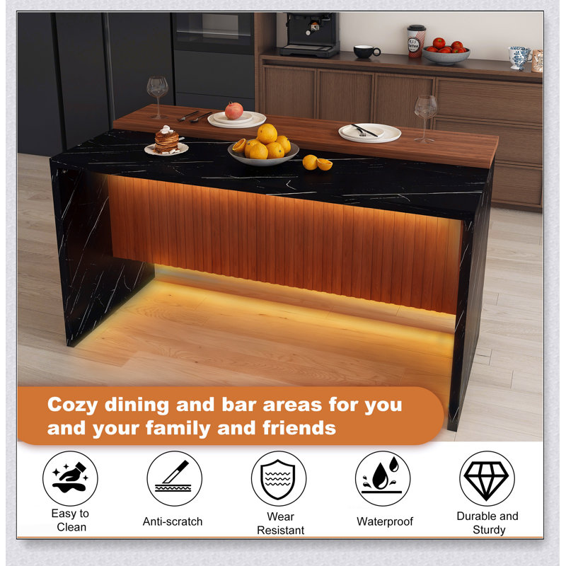 Îlot de cuisine moderne de 63 pouces avec surface d'aspect marbre, lumières DEL et grille pour un repas élégant et fonctionnel
