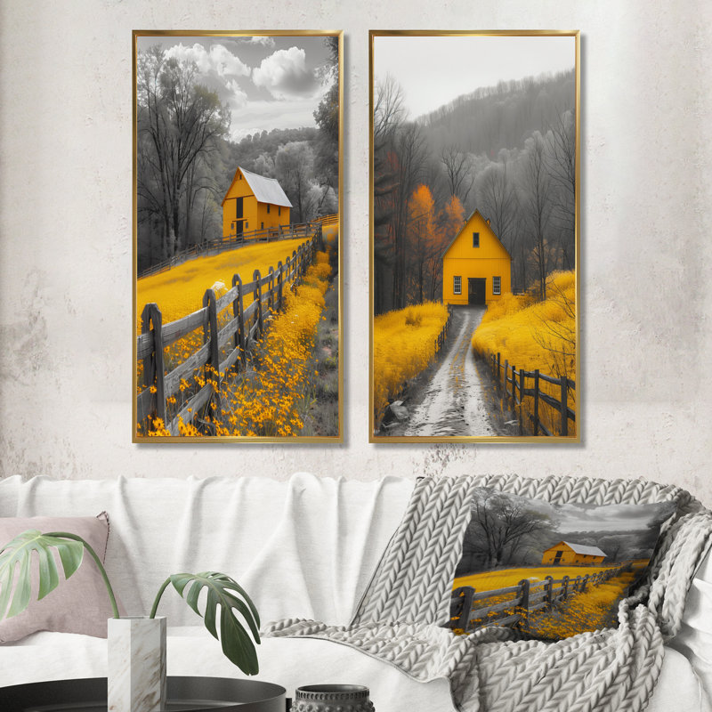 Ensemble de 2 pièces d'art mural jaune et gris Vista Barn I - Barn, H 32 po x l 32 po, Impression encadrée, Doré