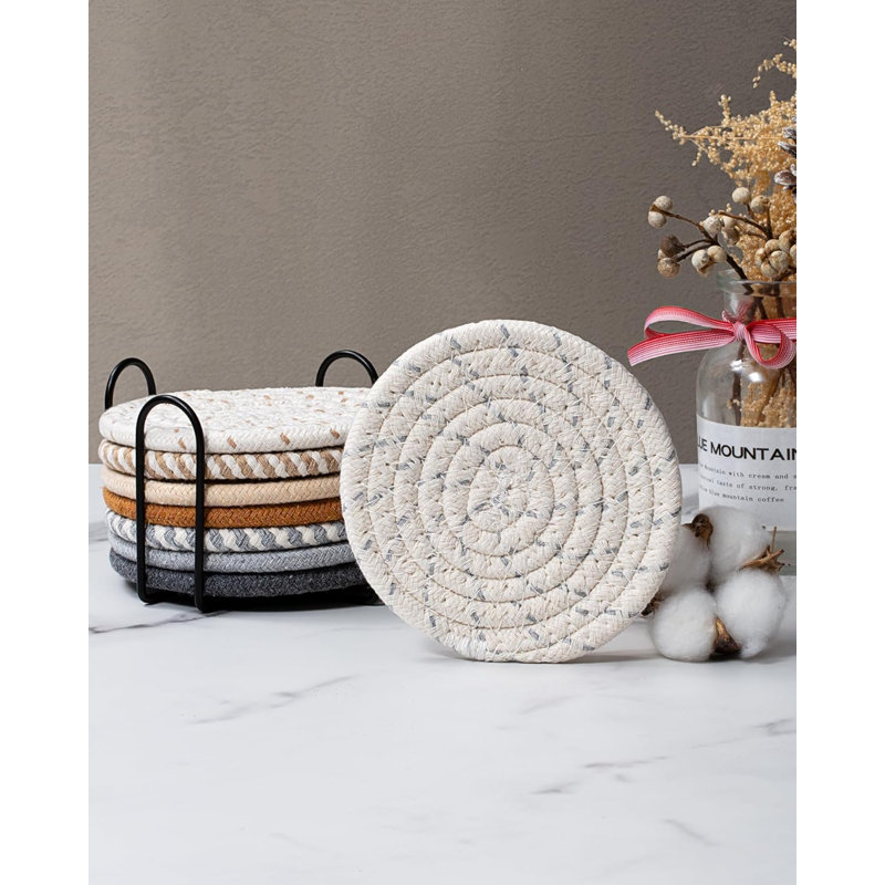 Cotton Round 8 Piece Coaster Set With Holder