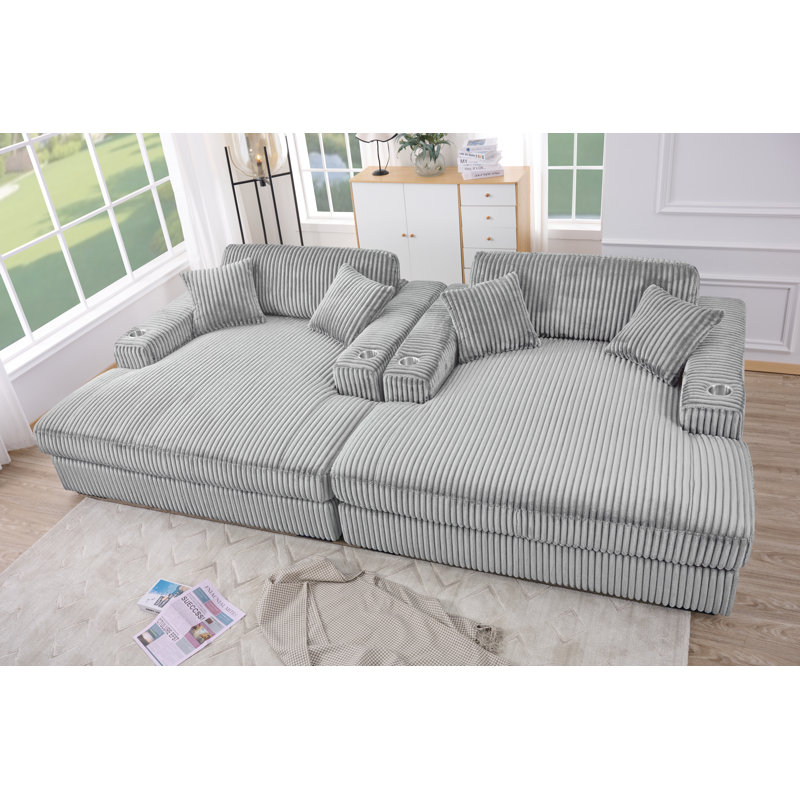 Corduroy Double-size Upholstered Chaise Lounge Sofa with Cup Holders, Light Gray