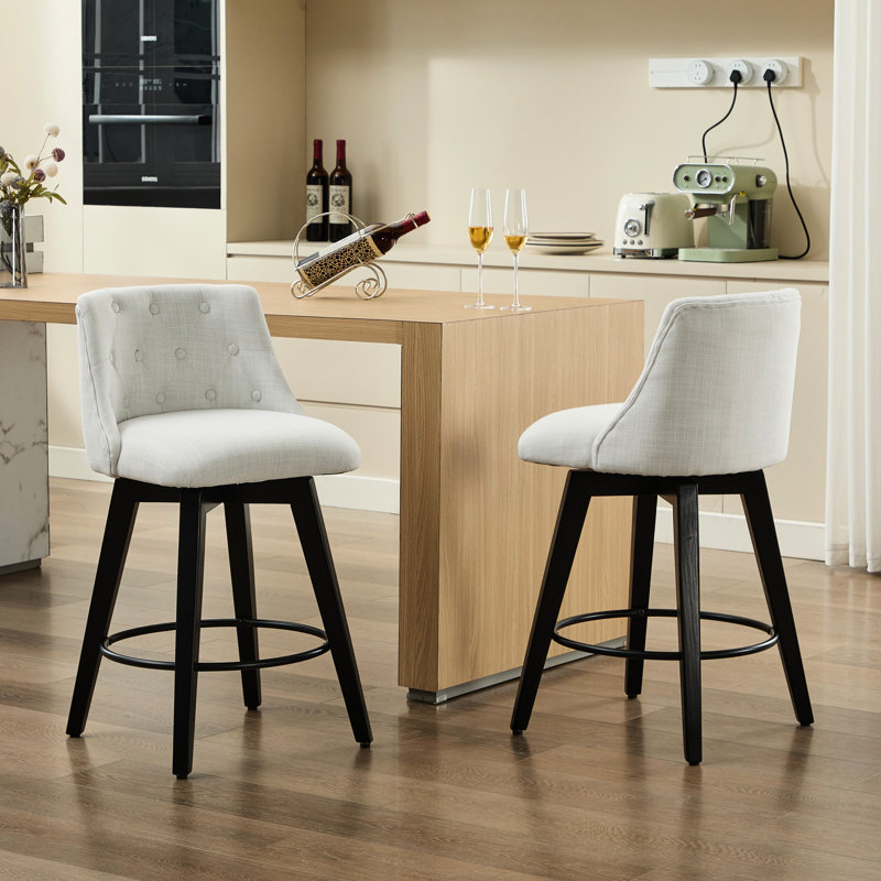 25" Swivel Bar Stools Of 2 - Modern Counter Height With Linen Fabric Upholstery & Button Back. Solid Wood Frame, 360 Silent Swivel. Adjustable Leveling Feet For Uneven Ground. White Kitchen Island,