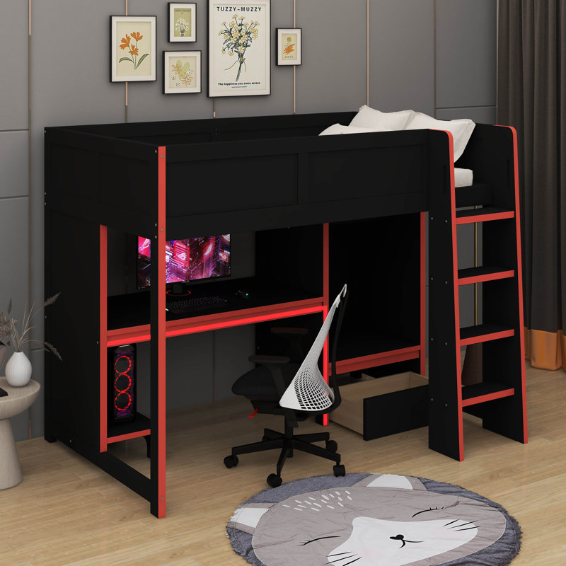 Lit mezzanine double avec bureau intégré, Lit double