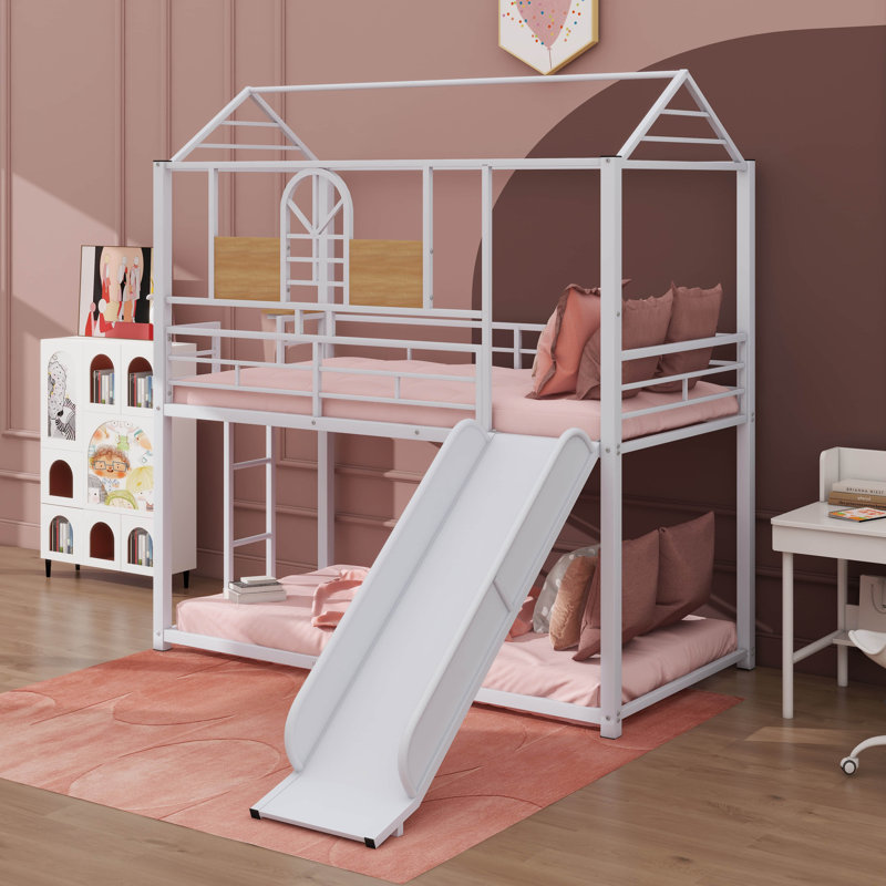 Fun Metal Twin-Over-Twin Bunk Bed With Slide, Perfect For An Exciting Housebed Experience, White