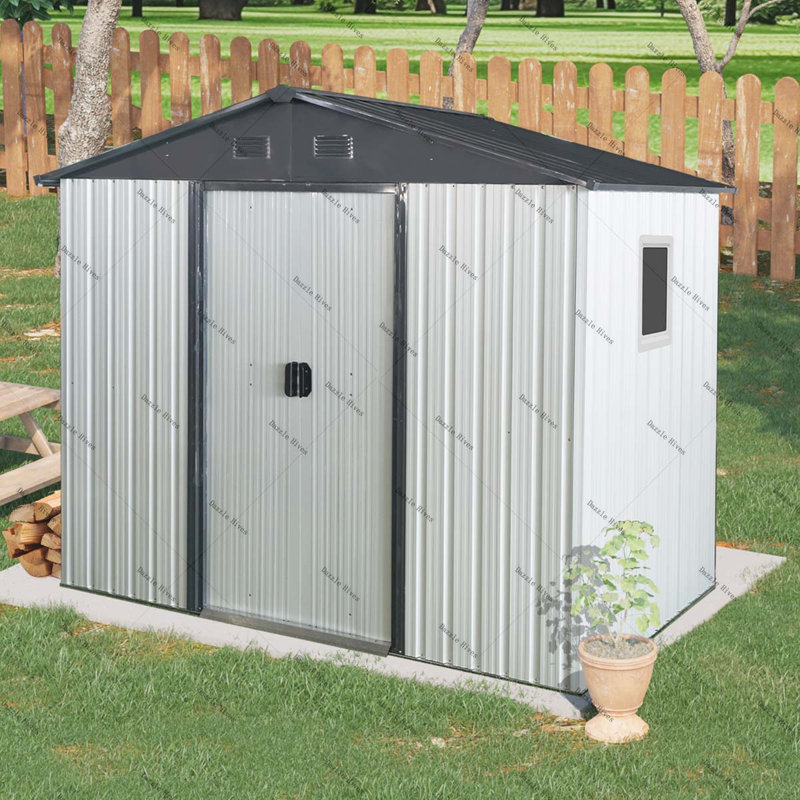 Outdoor Metal Storage Shed with Window and Metal Foundation for Backyard, Patio, Lawn, White/Black