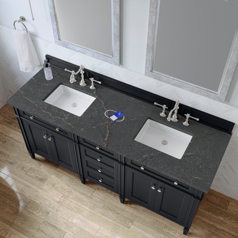 Brittany 72" Double Vanity, Black Onyx w/ 3 CM Parisien Bleu Silestone Top w/FreePower Wireless Charger, Black Onyx