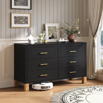 6-drawer Double Dresser, Modern Storage Cabinet With Metal Handles & Solid Wood Legs-47.24'' Black + 6 Drawer Dresser + Solid Wood+mdf + Old