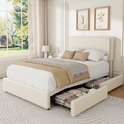 Twin Size Teddy Fleece Bed Frame, Upholstered Platform Bed with 2 Storage Drawers, Height Adjustable Cloud Headboard, Thick Soft Teddy Fabric Bed for Kids Teens, Modern Style, No Box Spring Required, Cream